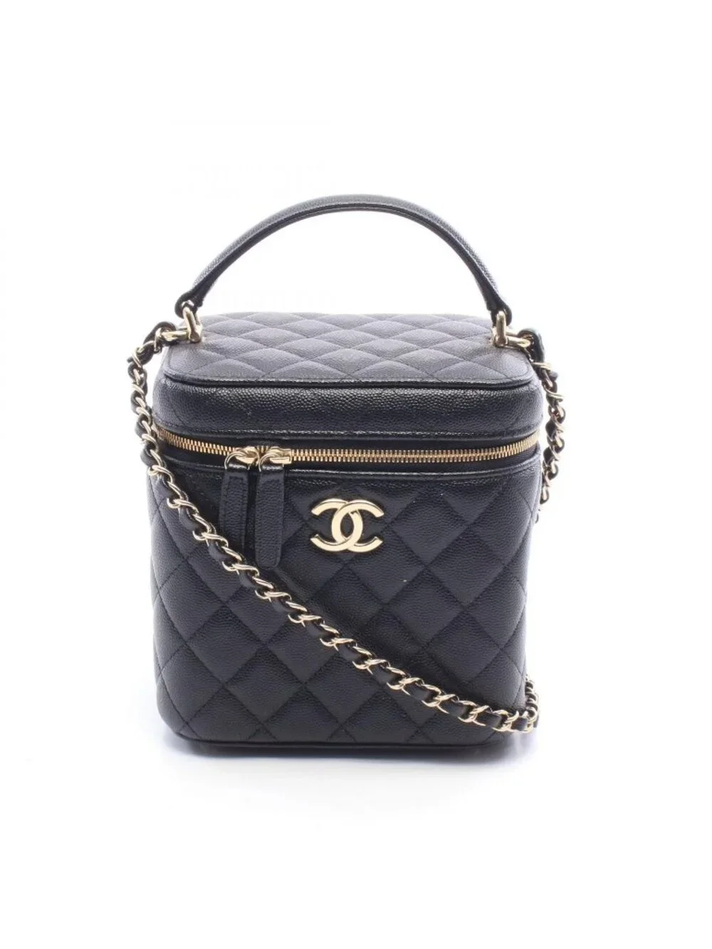 Chanel Shoulder Bag Quilted Black Caviar Leather Vanity 2-Way Chain